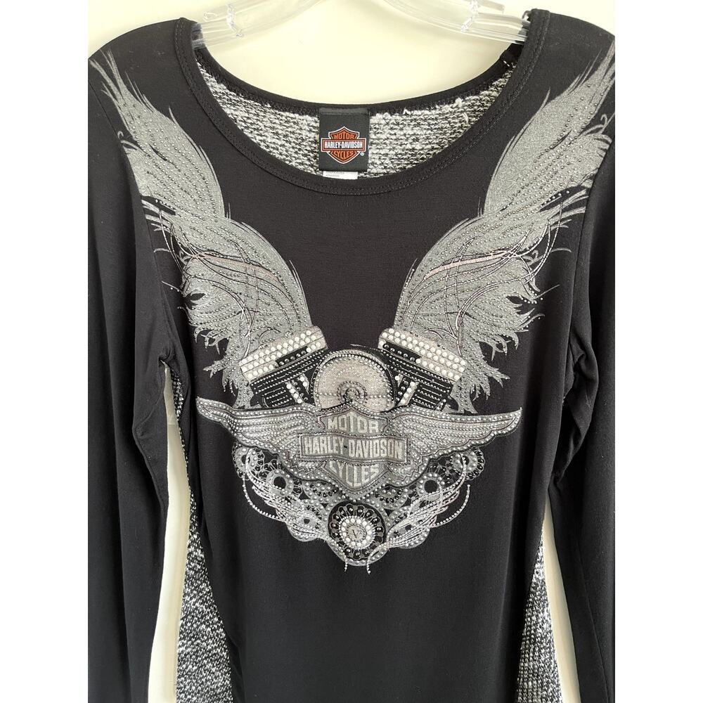 Harley Davidson Wms Sz S Rhinestone Graphic Long Slv T-Shirt Biker Rocker Street - Picture 5 of 12